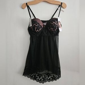 New Daisy Fuentes Black Lace Babydoll Lingerie Size Large
